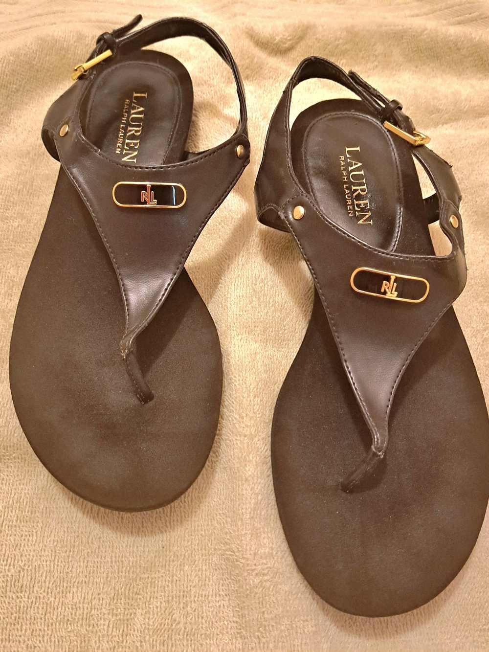 Lauren Ralph Lauren Black Leather T-Strap Sandals Slingback Goldtone Logo "LRL"